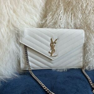 Yves Saint Laurent white wallet on chain with silver hardware